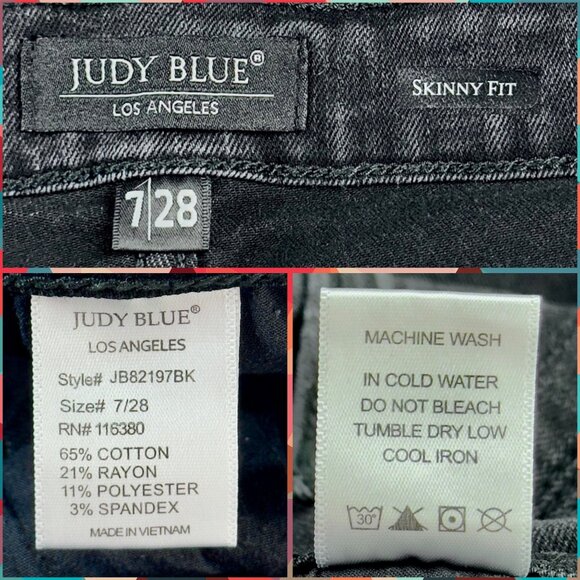 Judy Blue Black Denim Skinny Fit Cropped Distressed Hem 5-Pocket Jeans Size 7/28 - Picture 6 of 8